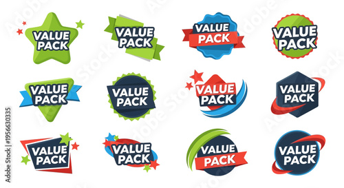 Collection of colorful value pack labels in various shapes and designs
