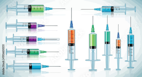 Colorful syringe assortment in detailed medical arts theme
