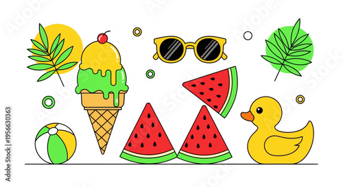 Colorful summer essentials: ice cream, sunglasses, watermelon and beach toys