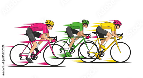 Colorful cyclists racing in dynamic motion with speed lines