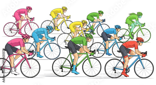 Colorful cyclists racing in dynamic motion on modern bicycles