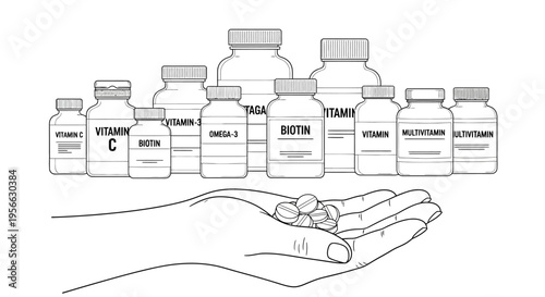 Hand holding pills with vitamin and supplement bottles in line art style