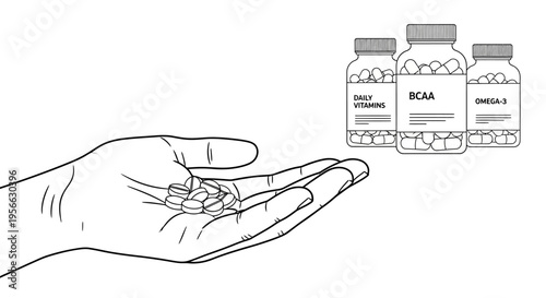 Hand holding supplements with bottles labeled daily vitamins, bcaa, omega-3