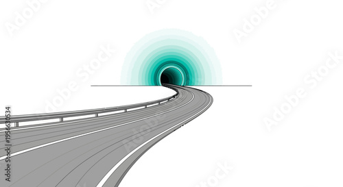Curved road leading into tunnel with gradient glow on white background