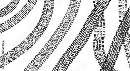Monochrome tire tracks pattern on white background
