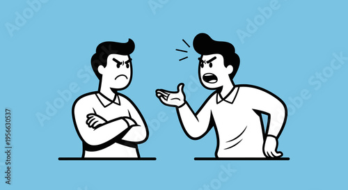 Cartoon style conflict: two angry men arguing on blue background