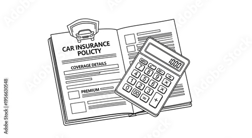 Linear depiction of car insurance policy document with calculator