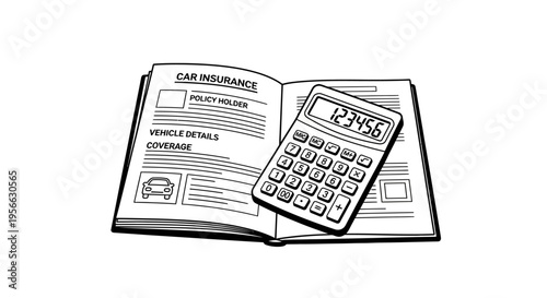 Car insurance policy and calculator concept in black and white line art