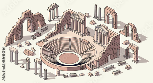 An isometric illustration depicts ancient roman ruins including a theater columns and arches rendered as a striking silhouette high quality professional