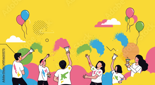 Colorful celebration with balloons and powder in flat style