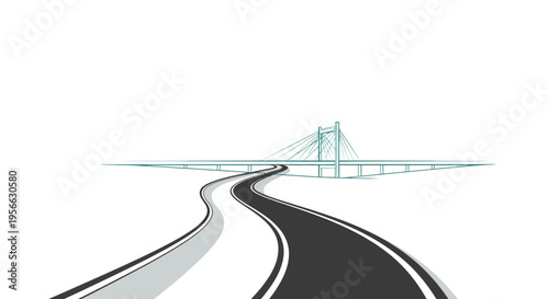 Minimalist urban bridge with winding road on white background