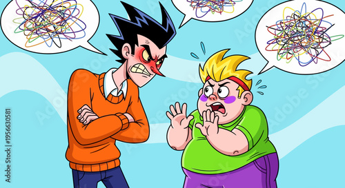 Cartoon characters arguing with colorful scribble speech bubbles in playful comic style