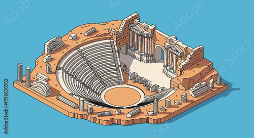 Isometric illustration depicting an ancient roman amphitheater ruin with detailed architecture and a stark silhouette high quality professional modern elegant stylish