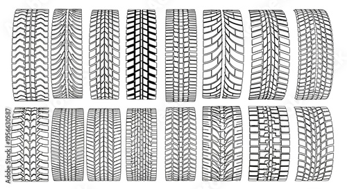 Collection of tire tread patterns in black and white line art style