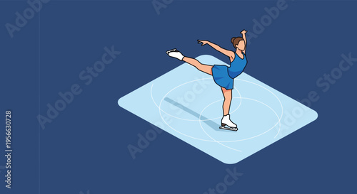 An isometric illustration depicts a female figure skating captured in a dynamic pose on an ice rink silhouette high quality professional