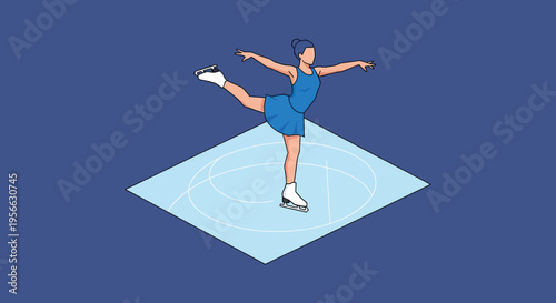 An isometric illustration depicts a figure skater in motion on a light blue ice rink presenting a dynamic silhouette high quality