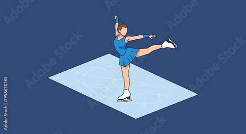 A stylized isometric illustration depicts a figure skater in motion on blue ice showcasing graceful form silhouette high quality professional detailed