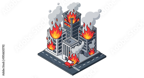A stylized isometric illustration depicts buildings engulfed in flames with smoke rising presenting a dramatic silhouette high quality professional detailed modern