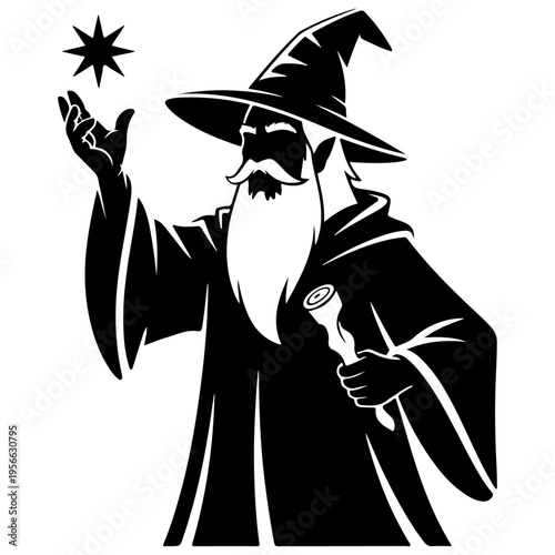 Black and white wizard vector illustration with long beard, pointed hat, holding a scroll and magic star