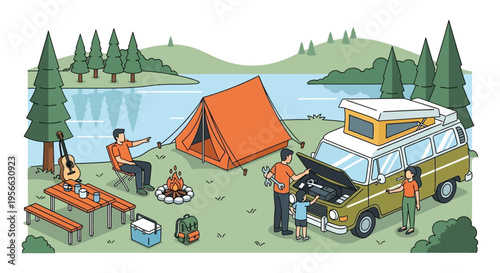 A vibrant campsite scene depicts a campervan tent and people enjoying outdoor activities presented as a striking silhouette high quality professional