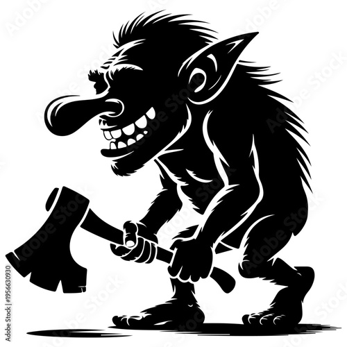 Black silhouette of a creepy fantasy troll monster holding an axe, vector illustration for games or Halloween