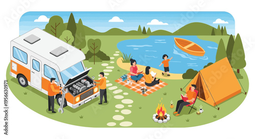 A vibrant illustration depicts a family enjoying a lakeside camping trip with a camper van and distinctive silhouette high quality professional