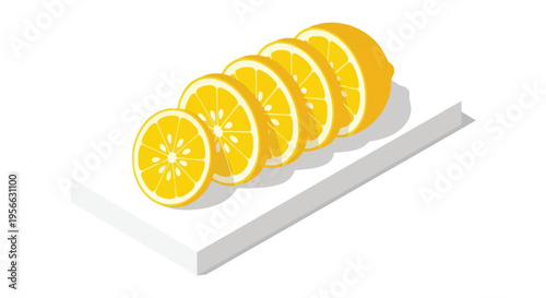 An isometric view displays several vibrant lemon slices arranged in a row on a white surface creating a striking silhouette