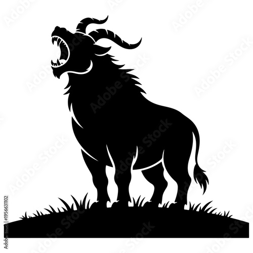 Powerful black silhouette vector illustration of a roaring horned beast standing on grass, symbolizing strength and wild nature.