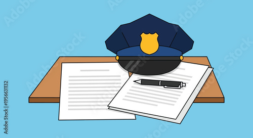 A police officer s hat rests upon documents and a pen on a wooden surface depicted as a silhouette high quality professional