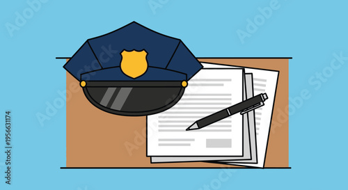 A police cap rests on documents with a pen depicted in a flat bold silhouette high quality professional detailed modern elegant