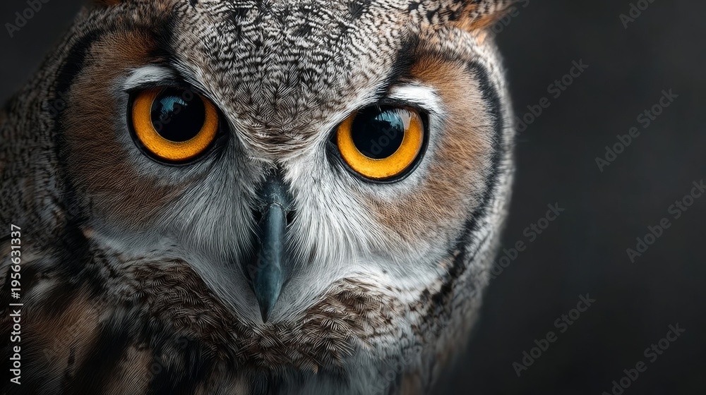 Fototapeta premium Close-up of a majestic owl with striking orange eyes and intricate feather patterns, showcasing its sharp beak and intense gaze against a dark background