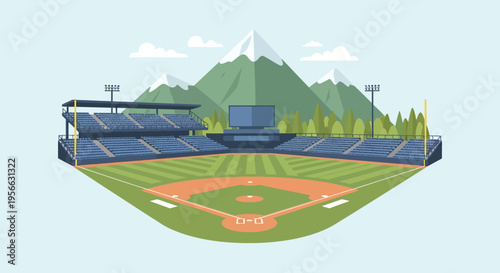 A colorful illustration depicts a baseball stadium with mountain backdrop presenting a striking silhouette high quality professional detailed modern elegant stylish
