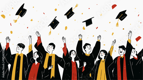 Flat vector illustration of excited graduate throwing cap in the air, perfect for educational websites, university promotions, or celebration announcements.