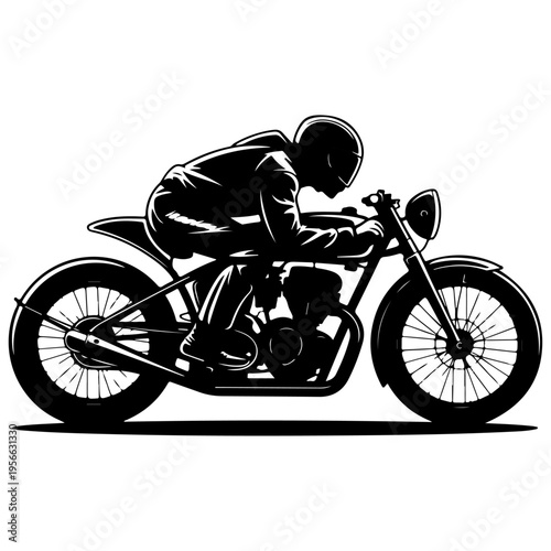 Dynamic black silhouette vector of a cafe racer motorcycle and rider in a racing pose, side view