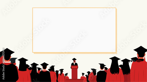 Flat vector illustration of a graduation stage with a speaker and audience, suitable for educational event promotions or academic achievement designs. Copy space