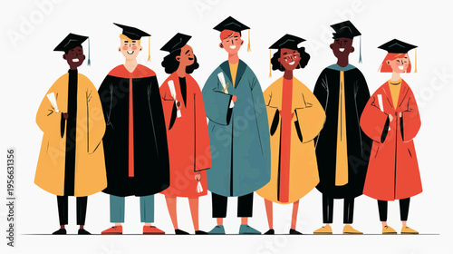 Flat vector illustration of a diverse group of graduating students, perfect for educational institution websites, university brochures, or commencement ceremony promotions.