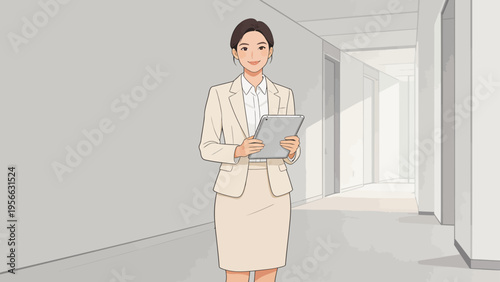Businesswoman holding tablet in office hallway