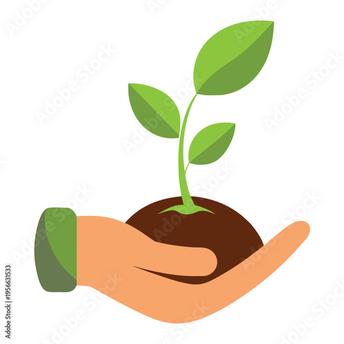 Caring human hand nurturing a small green sprout growing from rich soil for new life