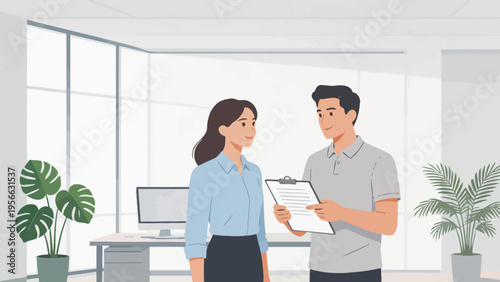 Office workers discussing document