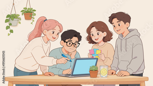 Four people collaborating on a laptop