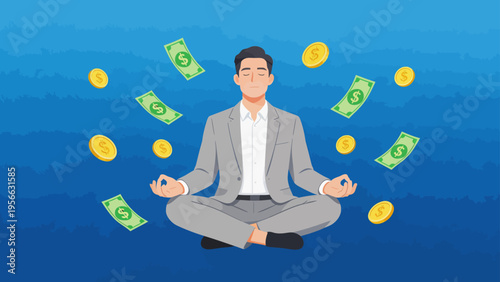 Businessman meditating with money