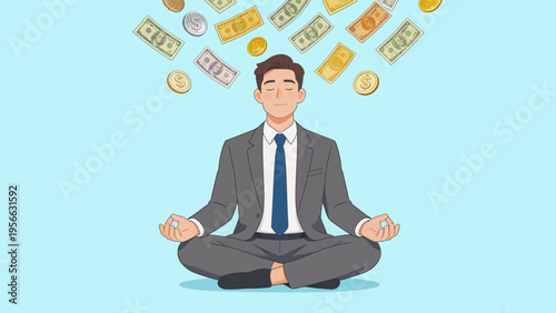 Businessman meditating with money
