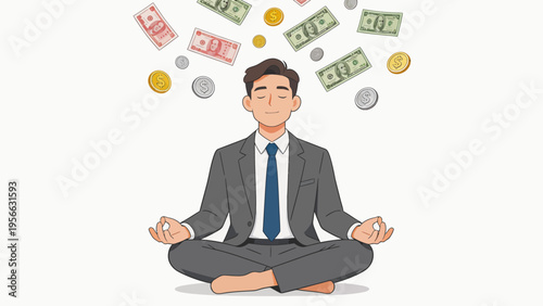 Businessman meditating with money