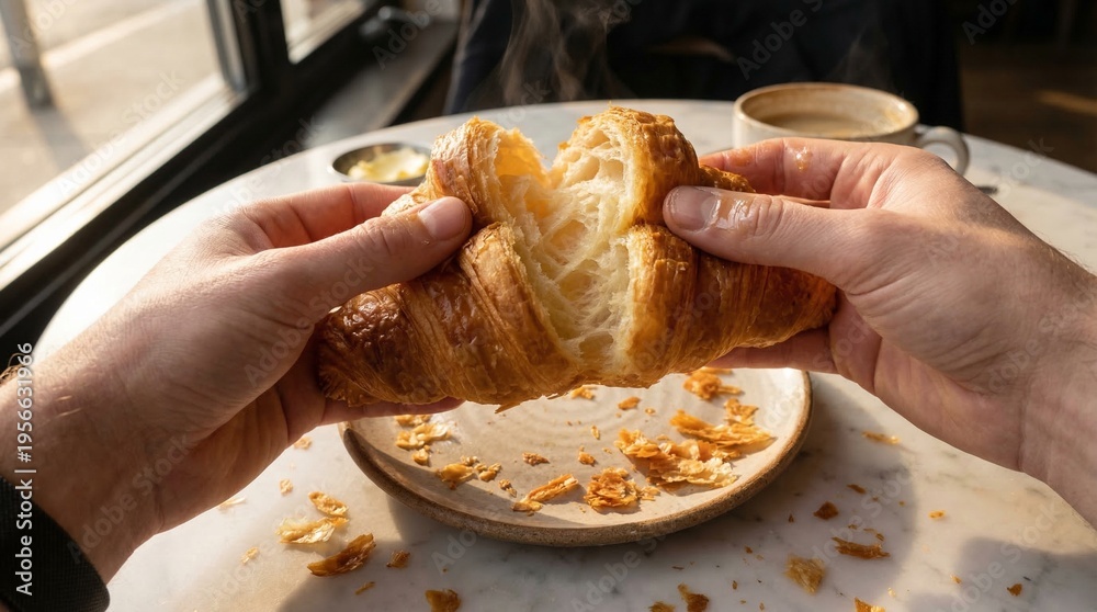 Φωτογραφία Two hands gently breaking apart a fresh, warm, flaky baked croissant showing its buttery interior