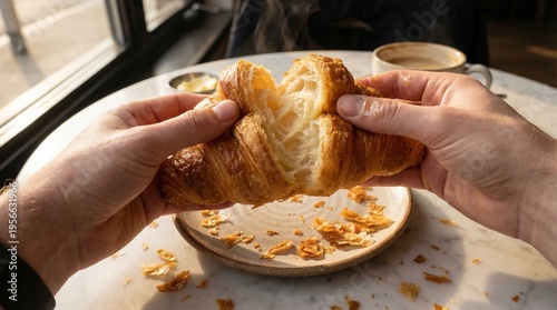 фотографія Two hands gently breaking apart a fresh, warm, flaky baked croissant showing its buttery interior
