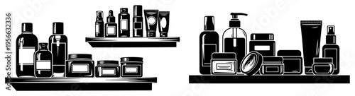 Cosmetic bottles and skincare jars on shelves, beauty products silhouette collection, makeup packaging and salon containers