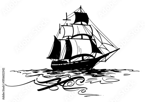 Vintage sailing ship on waves, antique sailboat engraving style, maritime nautical vessel sketch isolated on white