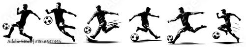 Soccer players silhouettes set, football athletes in action dribbling and kicking ball, dynamic sports competition icons