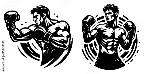 Powerful boxer mascot set, muscular athlete in fighting pose, dynamic sports competition and boxing club logo elements