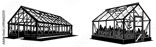 Greenhouse and glasshouse structures set, garden nursery for plants and vegetables, agricultural building sketch